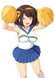 Rule 34 | 1girl, :d, ^ ^, armpits, arms up, bare shoulders, blue skirt, blush, breasts, brown hair, cheerleader, closed eyes, collarbone, closed eyes, feet out of frame, hair ribbon, hairband, haruhisky, highres, holding, impossible clothes, impossible shirt, kneehighs, large breasts, miniskirt, open mouth, orange hairband, orange ribbon, pleated skirt, pom pom (cheerleading), ribbon, shirt, short hair, skirt, sleeveless, sleeveless shirt, smile, socks, solo, standing, suzumiya haruhi, suzumiya haruhi no yuuutsu, white socks