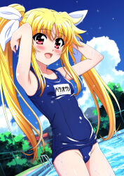 Rule 34 | 1girl, armpits, arms up, blonde hair, blush, cloud, cloudy sky, dutch angle, eyebrows hidden by hair, fate testarossa, fence, hair between eyes, hair ribbon, highres, hip bones, long hair, looking at viewer, lyrical nanoha, mahou shoujo lyrical nanoha, miyajima hitoshi, open mouth, pool ladder, poolside, red eyes, ribbon, school swimsuit, sky, smile, solo, swimsuit, twintails, wet