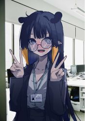 Rule 34 | 1girl, :d, absurdres, animal ears, blush, double v, glasses, heart, heart-shaped pupils, highres, hololive, hololive english, id card, long hair, looking at viewer, mentally deficient, mole, mole under eye, monitor, ninomae ina&#039;nis, office, office lady, open mouth, pointy ears, purple eyes, purple hair, smile, solo, sweat, symbol-shaped pupils, tentacle hair, v, virtual youtuber