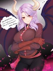 Rule 34 | 1girl, arms under breasts, black pants, breasts, brown gloves, brown shirt, closed mouth, commentary, commission, cowboy shot, crossed arms, demon girl, demon wings, english commentary, gloves, gradient background, horns, large breasts, looking at viewer, medium hair, mitama mudimudi, multicolored background, original, pants, purple hair, red eyes, shirt, skeb commission, smile, solo, wings