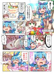 Rule 34 | 0 0, 1boy, 2girls, absurdres, arms up, bare arms, bare legs, bare shoulders, barefoot, bikini, blue bikini, blue hair, blue ribbon, blush, breasts, brown hair, chibi, cleavage, clenched hand, collarbone, commentary request, copyright request, day, faceless, faceless male, flower, food, fourth wall, green bikini, green eyes, hair between eyes, hair ribbon, hibiscus, highres, horizon, hug, in the face, jako (jakoo21), leaning forward, medium breasts, motion blur, multicolored hair, multiple girls, ocean, outdoors, palm tree, pink hair, profile, purple eyes, purple hair, purple ribbon, red flower, ribbon, round teeth, sparkle, sweat, swimsuit, tears, teeth, thick eyebrows, tree, two-tone hair, upper teeth only, v-shaped eyebrows, water