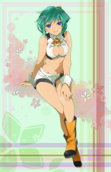 Rule 34 | 10s, 180yen (artist), 1girl, aquarion (series), aquarion evol, bare shoulders, boots, breasts, cleavage, cleavage cutout, clothing cutout, flower, green hair, highres, looking at viewer, midriff, navel, purple eyes, short hair, short shorts, shorts, sitting, zessica wong