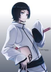 Rule 34 | 1boy, absurdres, androgynous, bleach, blue eyes, bob cut, character name, dated, highres, katana, long hair, looking at viewer, luppi antenor, male focus, sleeves past wrists, solo, sumire 1046, sword, weapon