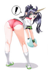 Rule 34 | !, 1girl, :o, absurdres, ahoge, ass, back, ball, beelzebub (sin nanatsu no taizai), beelzebub (the seven deadly sins), bent over, black hair, black sailor collar, buruma, demon girl, eyelashes, fingernails, from behind, full body, green eyes, gym uniform, hair ornament, hair tie, highres, holding, holding ball, horn, horns, kneehighs, legs, legs apart, long hair, looking at viewer, looking back, nishii (damnedrive), official art, open mouth, parted bangs, pointy ears, purple hair, sailor collar, scan, shadow, shirt, shoes, short sleeves, simple background, sin nanatsu no taizai, single horn, socks, solo, spoken exclamation mark, standing, the seven deadly sins, twintails, white background, white footwear, white shirt, white socks