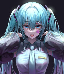 Rule 34 | 1girl, aqua hair, black background, blue eyes, breasts, collared shirt, commentary, detached sleeves, eyelashes, facial mark, frills, grey shirt, hair between eyes, hair intakes, hair ornament, hands up, hatsune miku, highres, long hair, nagul, number tattoo, sanpaku, shirt, sidelocks, simple background, solo, straight-on, symbol-only commentary, tattoo, tongue, tongue out, twintails, upper body, vocaloid