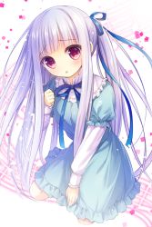 Rule 34 | 10s, 1girl, :o, blue dress, blue ribbon, blunt bangs, blush, clenched hand, commentary request, dress, frilled skirt, frills, gotou jun, hair ribbon, hand up, head tilt, kneeling, layered sleeves, long hair, long sleeves, looking at viewer, musical note, nametakenoko, neck ribbon, parted lips, purple eyes, purple hair, quaver, ribbon, sheet music, shirt, short over long sleeves, short sleeves, side ponytail, skirt, solo, tenshi no 3p!, very long hair, white background, white shirt