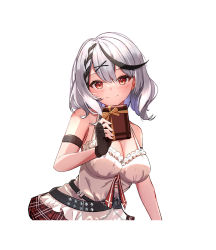 Rule 34 | 1girl, arm strap, ayataka (milk9tomo), bare shoulders, belt, black belt, black gloves, black hair, blush, braid, braided bangs, breasts, camisole, cleavage, closed mouth, fingerless gloves, frilled camisole, frills, gloves, grey hair, hair ornament, hairclip, highres, hololive, large breasts, letterboxed, looking at viewer, medium hair, miniskirt, multicolored hair, plaid, plaid skirt, pleated skirt, red eyes, red skirt, sakamata chloe, skirt, smile, solo, streaked hair, upper body, valentine, virtual youtuber, white camisole, x hair ornament