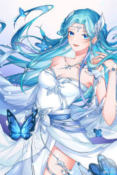 Rule 34 | 1girl, absurdres, bare shoulders, blue eyes, blue hair, bracelet, bug, butterfly, chinese clothes, douluo dalu, dress, earrings, hair ornament, hand in own hair, highres, insect, jewelry, long hair, necklace, smile, tang wutong (douluo dalu), upper body, white dress, zhi yu 716