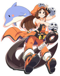 Rule 34 | 1girl, anchor, animal, ankle boots, bare shoulders, belt, black gloves, blush, boots, breasts, brown hair, dolphin, fingerless gloves, full body, gloves, go-gyan-sun, grin, guilty gear, guilty gear xrd, hat, highres, long hair, looking at viewer, may (guilty gear), orange eyes, orange hat, orange shirt, outline, pants, pirate hat, ponytail, shirt, sideboob, silhouette, skull, skull and crossbones, small breasts, smile, solo
