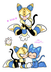Rule 34 | 2boys, absurdres, all fours, android, animal ears, armor, black bodysuit, blue armor, blue headwear, blush, bodysuit, cat boy, cat ears, cat tail, cheek-to-cheek, chibi, closed eyes, commentary request, fuse, fuse man, gloves, heads together, heart, helmet, highres, joints, looking at another, male focus, mega man (character), mega man (classic), mega man (series), mega man 11, multiple boys, multiple views, paw pose, pawpads, purple eyes, robot, robot ears, robot joints, simple background, tail, tongue, tongue out, vambraces, wenyu, white background, white gloves, yellow armor, yellow headwear