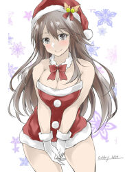 Rule 34 | 1girl, alternate costume, artist name, bow, breasts, brown eyes, brown hair, cleavage, closed mouth, cowboy shot, dated, detached sleeves, dress, gakky, gloves, hair between eyes, haruna (kancolle), hat, kantai collection, large breasts, long hair, looking at viewer, one-hour drawing challenge, own hands together, red bow, red dress, santa dress, santa hat, simple background, smile, solo, very long hair, white background, white gloves