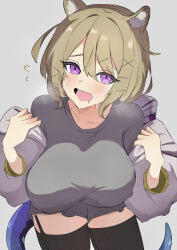 Rule 34 | 1girl, absurdres, animal ear fluff, arknights, black thighhighs, blue tail, breasts, brown hair, cowboy shot, garter straps, grey background, grey shirt, highres, jacket, large breasts, looking at viewer, open clothes, open jacket, open mouth, purple eyes, shirt, short hair, solo, steam, thighhighs, utage (arknights), white jacket, yashiro 3108