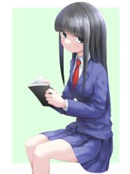 Rule 34 | 1girl, bernard-jou iwaku., black hair, blue jacket, blue skirt, blunt bangs, blush, book, closed mouth, collared shirt, highres, holding, holding book, invisible chair, jacket, kanbayashi shiori, long hair, long sleeves, looking at viewer, necktie, pleated skirt, red necktie, school uniform, shirt, simple background, sitting, skirt, solo, two-tone background, white shirt, yachima tana