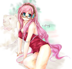 Rule 34 | 1girl, alternate color school swimsuit, blush, breasts, cyprus, glasses, long hair, looking at viewer, megurine luka, one-piece swimsuit, pink hair, red one-piece swimsuit, school swimsuit, smile, solo, strap slip, stuffed animal, stuffed toy, swimsuit, teddy bear, very long hair, vocaloid