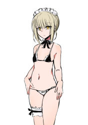 Rule 34 | 1girl, absurdres, artoria pendragon (alter swimsuit rider) (fate), artoria pendragon (alter swimsuit rider) (second ascension) (fate), artoria pendragon (fate), bare arms, bare shoulders, bikini, black bow, black bra, bow, bow panties, bra, bridal garter, closed mouth, fate/grand order, fate (series), female focus, hair between eyes, highres, light brown hair, looking at viewer, maid, maid bikini, maid headdress, nakatokung, navel, panties, short hair, sidelocks, simple background, solo, standing, swimsuit, unconventional maid, underwear, white background, white panties, yellow eyes