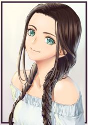 Rule 34 | 1girl, bare shoulders, braid, brown hair, closed mouth, framed, green eyes, hair over shoulder, highres, kaijin-m, long hair, looking at viewer, low twintails, off-shoulder shirt, off shoulder, original, shirt, smile, solo, twin braids, twintails, upper body, white shirt