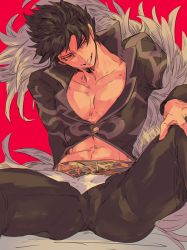 Rule 34 | 1boy, belial (granblue fantasy), black pants, black shirt, feather boa, granblue fantasy, grin, looking at viewer, pectoral cleavage, male focus, pants, pectorals, pink background, red eyes, shirt, simple background, sitting, smile, solo, toned, toned male