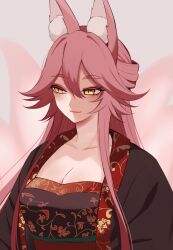 Rule 34 | 1girl, alternate costume, animal ear fluff, animal ears, breasts, cleavage, evil smile, eyelashes, fate/grand order, fate (series), fox ears, half-closed eyes, highres, japanese clothes, kimono, koyanskaya (fate), large breasts, long hair, looking to the side, moyashi (momoyashi 321), pink hair, smile, solo, tamamo (fate), upper body, very long hair