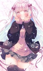 Rule 34 | 1girl, ahoge, black coat, black thighhighs, blue hair, blue nails, blush, bow, braid, breasts, cherry blossoms, cherry tree, closed mouth, coat, colored inner hair, hands on own face, highres, hololive, large breasts, long hair, long sleeves, looking at viewer, minato aqua, moo (umineko), multicolored hair, neko (minato aqua), pink hair, pink sweater, purple eyes, ribbon, solo, streaked hair, sweater, thighhighs, thighs, two-tone hair, virtual youtuber
