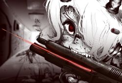 1girl 2others absurdres android biting blood cocking_gun commentary corpse demon_girl demon_horns english_commentary gun hallway handgun helltaker highres horns laser_sight multiple_others purechito red_eyes reloading shell_casing signalis weapon white_hair zdrada_(helltaker)