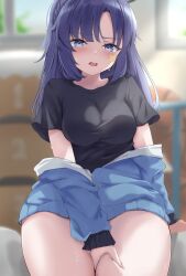 Rule 34 | 1girl, arm support, black shirt, blue archive, blue jacket, blurry, blurry background, blush, breasts, commentary request, day, grabbing own thigh, gym shirt, halo, highres, indoors, jacket, jacket partially removed, long hair, medium breasts, official alternate costume, open mouth, ponono desu, purple eyes, purple hair, shirt, short sleeves, sitting, solo, star sticker, sticker on face, sweat, thick thighs, thighs, yuuka (blue archive), yuuka (track) (blue archive)