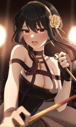 Rule 34 | 1girl, absurdres, bare shoulders, black gloves, black hair, blood, blurry, blush, breasts, cleavage, dagger, depth of field, dual wielding, earrings, fingerless gloves, floating hair, flower, gloves, gold earrings, gold hairband, gya (144), hair flower, hair ornament, hairband, highres, holding, holding dagger, holding knife, holding weapon, jewelry, knife, large breasts, lipstick, makeup, open mouth, raised eyebrows, red eyes, rose, sidelocks, solo, spikes, spy x family, swept bangs, teeth, upper body, weapon, yor briar