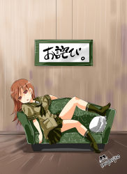 Rule 34 | 10s, 1girl, brown eyes, brown hair, couch, highres, imu sanjo, kantai collection, long hair, looking at viewer, lying, ooi (kancolle), open mouth, pillow, pleated skirt, school uniform, serafuku, skirt, solo, translation request