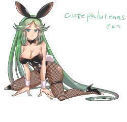 Rule 34 | 1girl, abababu000, absurdres, all fours, animal ears, bare shoulders, black bow, black bowtie, black leotard, bow, bowtie, breasts, cleavage, commission, commissioner upload, fishnet pantyhose, fishnets, green eyes, green hair, high heels, highleg, highleg leotard, highres, kid icarus, kid icarus uprising, large breasts, legs apart, leotard, light smile, long hair, looking at viewer, nintendo, palutena, pantyhose, parted bangs, playboy bunny, rabbit ears, rabbit tail, shiny skin, sidelocks, signature, skeb commission, solo, tail, thigh strap, very long hair, white background, wrist cuffs