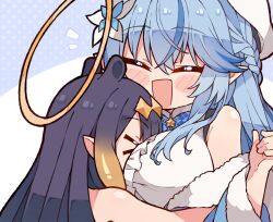 Rule 34 | &gt; &lt;, 2girls, :d, age difference, bare shoulders, blue hair, blush, bow, bowtie, breast smother, breasts, closed eyes, colored tips, face to breasts, flower, hair flower, hair ornament, halo, highres, hololive, hololive english, hug, kukie-nyan, large breasts, long hair, multicolored hair, multiple girls, ninomae ina&#039;nis, onee-loli, open mouth, purple hair, smile, streaked hair, tentacle hair, virtual youtuber, yukihana lamy, yuri