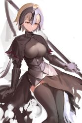 Rule 34 | 1girl, absurdres, arm support, black capelet, black thighhighs, blonde hair, breasts, capelet, closed mouth, fate/grand order, fate (series), gauntlets, headpiece, highres, holding, hoojiro, jeanne d&#039;arc (fate), jeanne d&#039;arc alter (avenger) (fate), jeanne d&#039;arc alter (fate), large breasts, short hair, smile, solo, standing, thighhighs, underbust, white background, yellow eyes