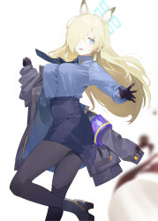 Rule 34 | 1girl, absurdres, animal ear fluff, animal ears, black footwear, black gloves, black jacket, black pantyhose, blonde hair, blue archive, blue eyes, blue necktie, blue skirt, blurry, blurry foreground, boots, breasts, collared shirt, dog ears, gloves, hair over one eye, halo, high heel boots, high heels, highres, jacket, kanna (blue archive), long hair, long sleeves, looking at viewer, medium breasts, necktie, open mouth, pantyhose, pencil skirt, sharp teeth, shirt, shirt tucked in, simple background, skirt, solo, sweatdrop, teeth, undressing, white background, yanyo (ogino atsuki)