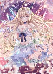 Rule 34 | 1girl, ahoge, arm garter, armpits, bad id, bad pixiv id, bare shoulders, blurry, breasts, brown hair, cherry blossoms, choker, cleavage, collarbone, crystal, depth of field, floating hair, flower, hair flower, hair ornament, hand on own chest, hand up, horns, long hair, looking at viewer, medium breasts, midriff, miniskirt, navel, nozomi fuuten, original, parted lips, pink flower, purple eyes, revealing clothes, skirt, smile, solo, standing, very long hair, wading, water, white flower, white skirt, wrist cuffs