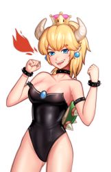 Rule 34 | 1girl, absurdres, armlet, bad id, bad pixiv id, bare shoulders, black collar, black leotard, blonde hair, blue eyes, bowsette, bracelet, breasts, cleavage, collar, commentary request, crown, earrings, fingernails, highres, horns, jewelry, leotard, long hair, looking at viewer, mario (series), medium breasts, new super mario bros. u deluxe, nintendo, open mouth, pointy ears, ponytail, sharp fingernails, sharp teeth, smile, solo, spiked armlet, spiked bracelet, spiked collar, spiked shell, spikes, standing, strapless, strapless leotard, super crown, teeth, turtle shell, yugo (yuno65)