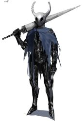 Rule 34 | 1other, armor, black armor, blue cloak, chainmail, cloak, commentary, english commentary, eye socket, fake horns, full armor, gauntlets, helmet, highres, holding, holding weapon, hollow knight, horned helmet, humanization, knight (hollow knight), male focus, nisetanaka, over shoulder, realistic, solo, sword, torn cloak, torn clothes, weapon, weapon over shoulder, white background