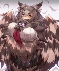 Rule 34 | 1girl, bird wings, blush, breasts, brown hair, commentary, feathers, fluffy, hair between eyes, harpy, large breasts, looking at viewer, monster girl, monster girl encyclopedia, necktie, owl mage (monster girl encyclopedia), red necktie, solo, wide hips, winged arms, wings, yellow eyes, yonaga san