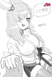 Rule 34 | 1girl, 1other, animal ears, arknights, bbizim03, blush, braid, braided ponytail, breasts, character name, crop top, greyscale, hair over one eye, highres, holding hands, jewelry, kroos (arknights), kroos the keen glint (arknights), large breasts, long hair, looking at viewer, monochrome, open mouth, rabbit ears, rabbit girl, shirt, short shorts, shorts, sitting, solo focus, speech bubble, thighhighs