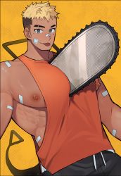 Rule 34 | :3, bandaid, black eyes, chain, chainsaw man, feet out of frame, highres, humanization, large pectorals, looking at viewer, male focus, muscular, muscular male, natto (no natto), nipples, pants, pectoral cleavage, pectorals, pochita (chainsaw man), scar, short hair, simple background, spiked hair, tail, tan, tank top, thick arms, thick eyebrows, tongue, tongue out, track pants, undercut, upper body, yellow background
