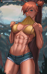 Rule 34 | 1girl, abs, absurdres, alternate body size, bandeau, blue background, blue eyes, cowboy shot, creatures (company), denim, denim shorts, flexing, fluffydus, game freak, green eyes, highres, looking down, misty (pokemon), muscular, muscular arms, muscular legs, nintendo, orange bandeau, orange hair, pectoral cleavage, pectorals, pokemon, pokemon (anime), pokemon (classic anime), short hair, short shorts, shorts, side ponytail, solo, spiked hair, thick thighs, thighs