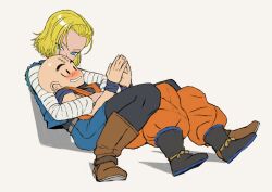 1boy 1girl android_18 bald bald_male blonde_hair blue_eyes blush couple dragon_ball embarrassed grey_background happy hug kiss kuririn smile