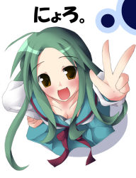 Rule 34 | 00s, 1girl, :d, ahoge, brown eyes, fang, from above, green hair, hand on own hip, long hair, long sleeves, looking at viewer, looking up, neck ribbon, open mouth, ribbon, school uniform, serafuku, shadow, simple background, skirt, smile, solo, suzumiya haruhi no yuuutsu, tsuruya, v, white background