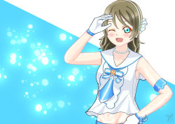 Rule 34 | 1girl, ;), absurdres, aqua bow, aqua eyes, aqua neckwear, artist name, artist request, bare shoulders, blue eyes, blush, bow, bow gloves, breasts, brown hair, collarbone, dress, earrings, female focus, gloves, grey hair, hair between eyes, hairband, hand on own hip, highres, jewelry, light brown hair, looking at viewer, love live!, love live! school idol festival, love live! sunshine!!, necklace, one eye closed, parted lips, pearl earrings, pearl necklace, sailor collar, salute, short hair, small breasts, smile, solo, upper body, watanabe you, white dress, white gloves, white hairband, white sailor collar