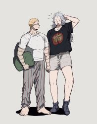 Rule 34 | 1boy, 1girl, bare legs, black shirt, blonde hair, blue legwear, closed mouth, collarbone, dorohedoro, food, full body, glasses, grey background, grey hair, grey pajamas, grey shorts, holding hands, hand up, hetero, highres, long hair, looking at another, muscular, muscular male, noi (dorohedoro), open mouth, pajamas, patchwork skin, pillow, pizza, profile, scratching head, shadow, shin (dorohedoro), shirt, short hair, short sleeves, shorts, simple background, socks, standing, symbol-only commentary, uei (uei73661268), very short hair, white shirt, yawning
