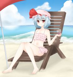 Rule 34 | 1girl, alternate costume, bad id, bad pixiv id, bare arms, bare legs, bare shoulders, barefoot, beach, beach chair, beach umbrella, bikini, blue hair, blush, closed mouth, cloud, cloudy sky, collarbone, cup, day, drinking glass, flat chest, full body, hat, hat ribbon, highres, holding, holding cup, holding drinking glass, knees together feet apart, layered bikini, looking at viewer, mob cap, navel, outdoors, pink bikini, red eyes, red ribbon, remilia scarlet, ribbon, short hair, sitting, sky, smile, solo, stomach, surota, swimsuit, touhou, umbrella, wine glass