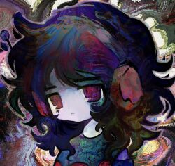 Rule 34 | 1girl, :&lt;, abstract, abstract background, black hair, dot nose, expressionless, green shirt, headphones, highres, kitoral, medium hair, messy hair, multicolored hair, multicolored shirt, no pupils, original, outline, psychedelic, purple eyes, shirt, solo
