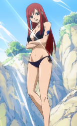 Rule 34 | 1girl, arm tattoo, armpits, arms under breasts, beach, bikini, black bikini, breasts, brown eyes, cleavage, collarbone, crossed arms, day, erza scarlet, eyelashes, fairy tail, female focus, large breasts, legs, long hair, long image, looking to the side, midriff, nature, navel, neck, open mouth, outdoors, red hair, screencap, shiny skin, short hair, side-tie bikini bottom, side bangs, sidelocks, sky, standing, straight hair, summer, sunlight, swimsuit, talking, tall image, tattoo, thighs, tree, very long hair