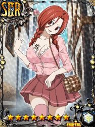Rule 34 | 1girl, blue sky, braid, breast tattoo, breasts, card (medium), casual, cleavage, crazy eyes, curvy, dress, fairy tail, female focus, flare corona, gloves, large breasts, long hair, looking at viewer, low twintails, matching hair/eyes, official art, plaid, plaid skirt, red dress, red eyes, red gloves, red hair, road, shiny skin, skirt, sky, smile, solo, standing, street, tattoo, twin braids, twintails