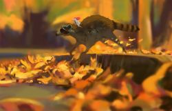 Rule 34 | animal, animal focus, autumn leaves, blurry, blurry background, leaf, mouse (animal), no humans, original, outdoors, raccoon, riding, sketch, snatti, tail, tree