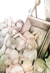 Rule 34 | 1boy, 6+girls, ass, breasts, cart, closed eyes, commentary request, completely nude, corpse, disorder!, highres, large breasts, lying, monochrome, multiple girls, navel, nipples, nude, original, parted lips, pile of corpses, short hair, tongue, tongue out, white background