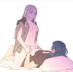 Rule 34 | 2girls, barefoot, between legs, blue hair, blush, bow, bow panties, breasts, byleth (female) (fire emblem), byleth (fire emblem), cleavage, commentary, downblouse, edelgard von hresvelg, english commentary, fire emblem, fire emblem: three houses, girl on top, guided crotch grab, guiding hand, hand between legs, highres, long hair, looking at another, lying, medium breasts, multiple girls, nintendo, no bra, on back, on bed, open clothes, open shirt, pale skin, panties, pillow, purple eyes, radiostarkiller, shirt, shoulder pads, silver hair, straddling, t-shirt, underwear, white panties, yuri