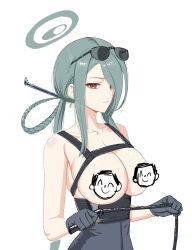 Rule 34 | 1girl, doodle sensei (blue archive), bare shoulders, black gloves, black pants, blue archive, breasts, censored, chest harness, cleavage, closed mouth, eyewear on head, frown, gloves, green hair, hair ornament, hairpin, halo, harness, high-waist pants, holding, holding whip, jeremy song, large breasts, long hair, looking at viewer, mina (blue archive), no bra, novelty censor, orange eyes, pants, sensei (blue archive), sidelocks, single hair ring, solo, sunglasses, topless, upper body